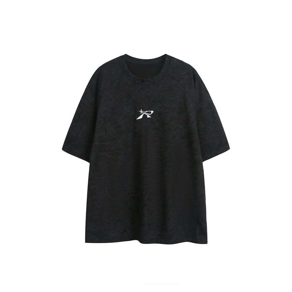 Black short-sleeve crew-neck T-shirt with washed texture and small white logo at center chest, flat front view