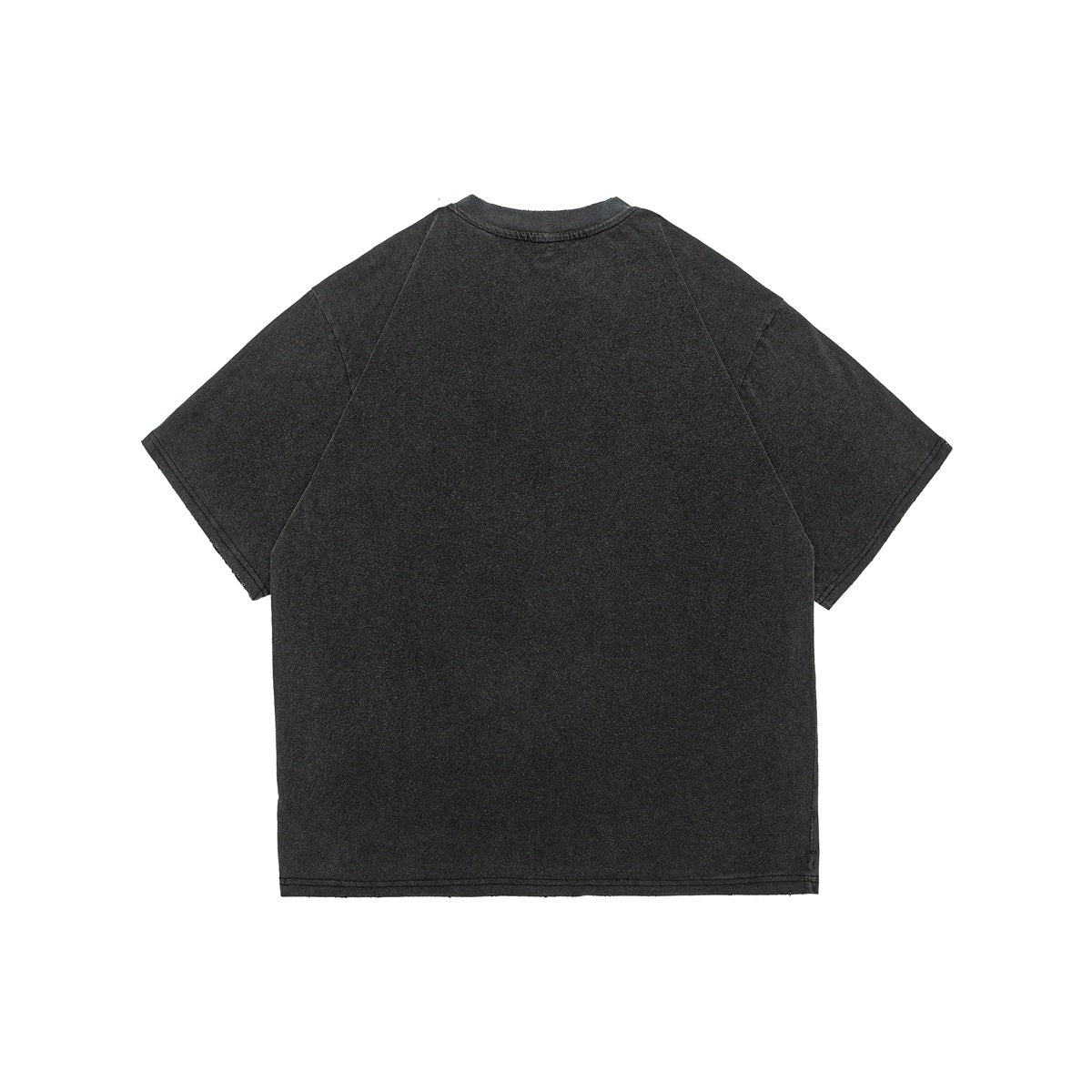 Back view of a faded black oversized short-sleeve T-shirt laid flat.