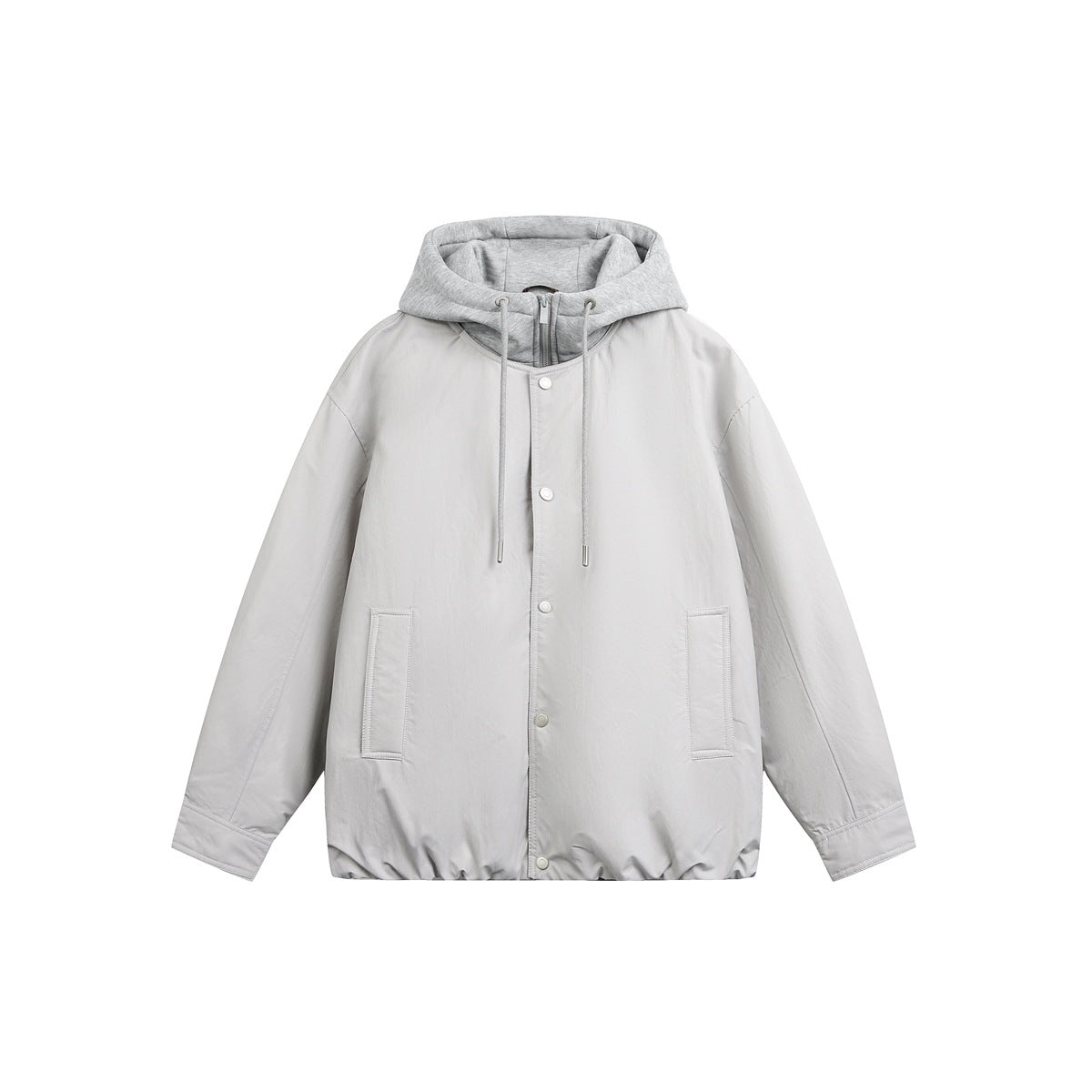 Gray hooded jacket with snap front, drawstring jersey-style hood, front pockets and gathered hem, flat front view