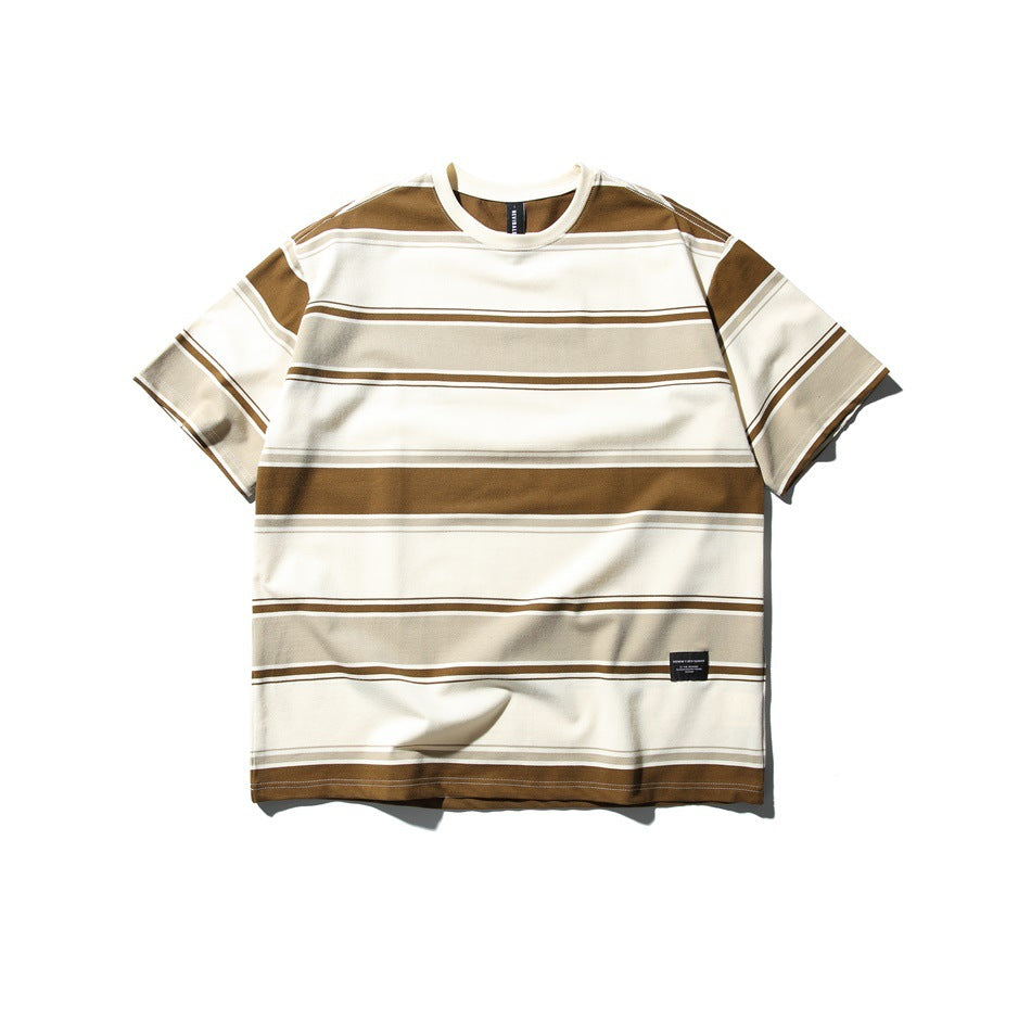 Front of a coffee brown striped short-sleeve crew-neck T-shirt with cream and beige stripes and a small black label