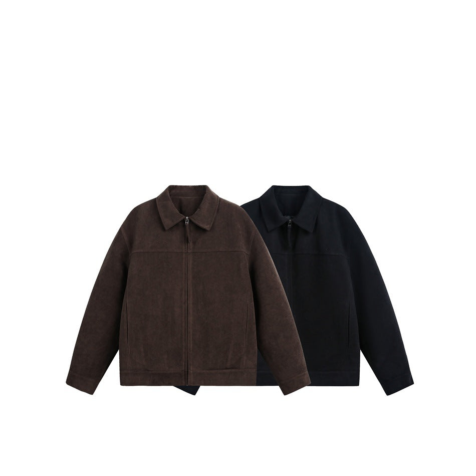 Two collared zip jackets shown together in dark brown and black.