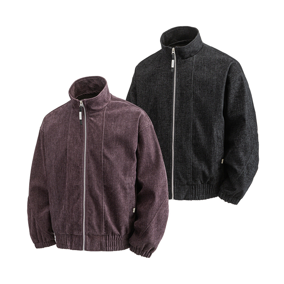 Two full front views of zip-front jackets with stand collars and gathered cuffs, in mauve-brown and charcoal gray.