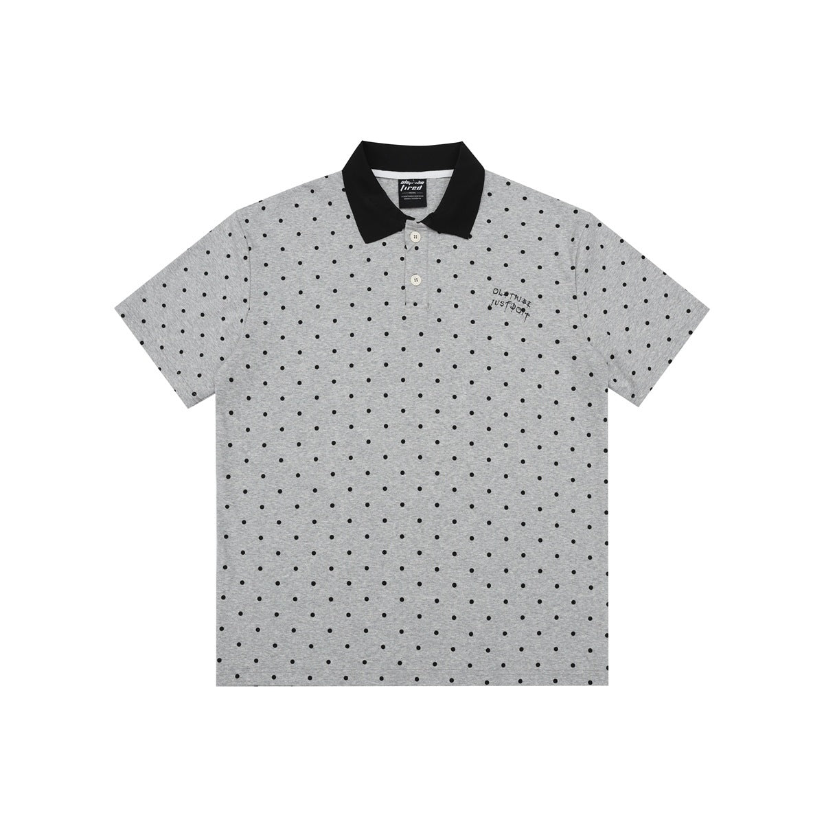 Front view of a gray heather short-sleeve polo with black polka dots, a black collar, two buttons and small chest lettering.