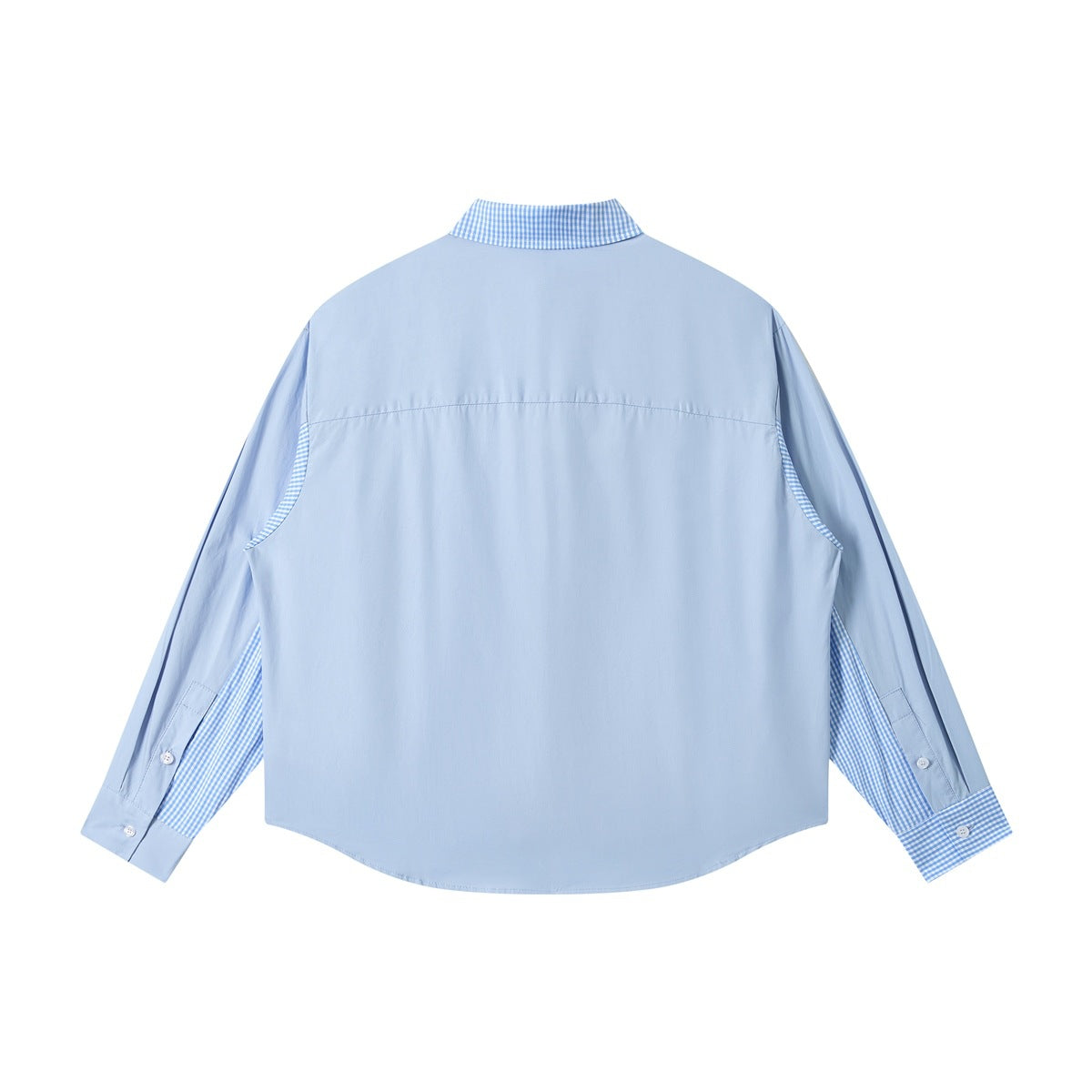 Back view of a light blue long-sleeve shirt with a gingham collar, cuffs, and side inserts.