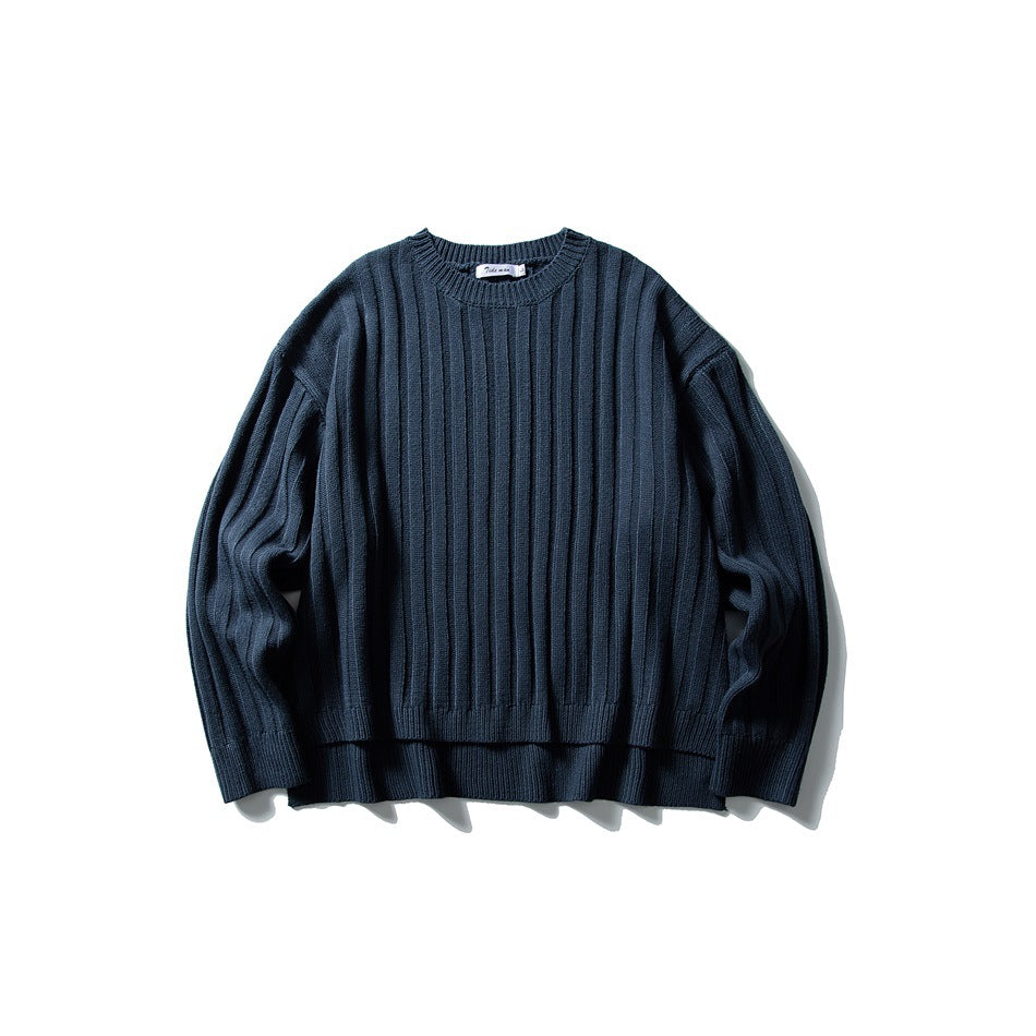 Navy blue wide-rib crew-neck knit sweater flat lay, front view