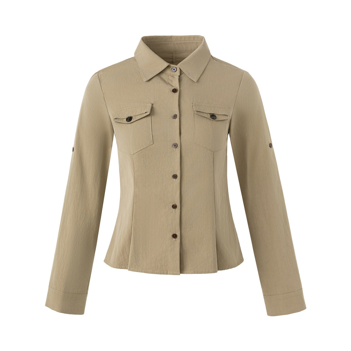 Front view of a khaki long-sleeve button-up shirt with a pointed collar and two buttoned flap chest pockets.