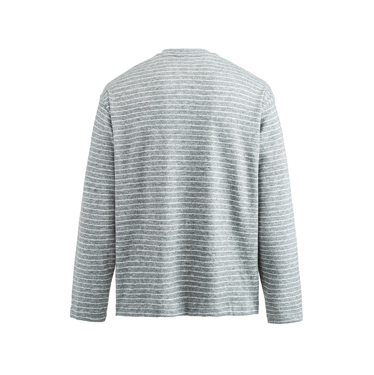 Back view of a gray long-sleeve shirt with thin white horizontal stripes on a white background.