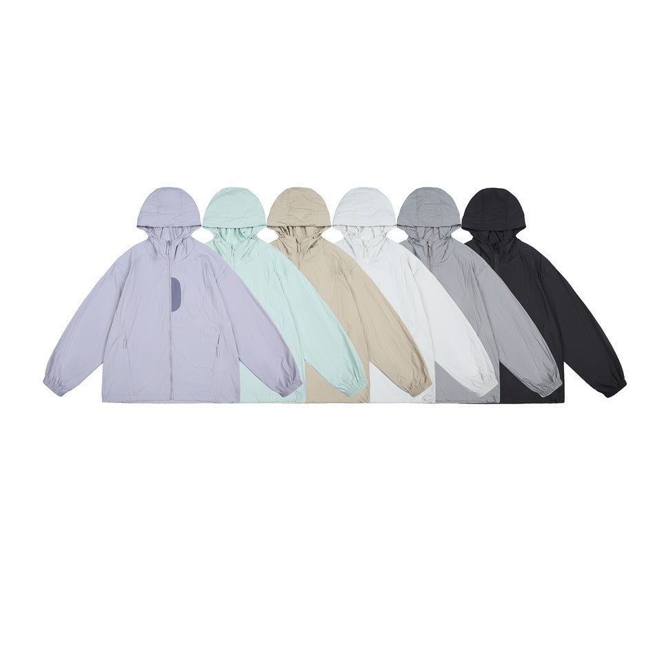Six hooded zip-up jackets displayed side by side in lavender, mint, beige, white, gray, and black.