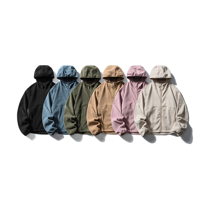 Six hooded zip-up jackets arranged together in black, blue, olive, tan, pink, and light gray.