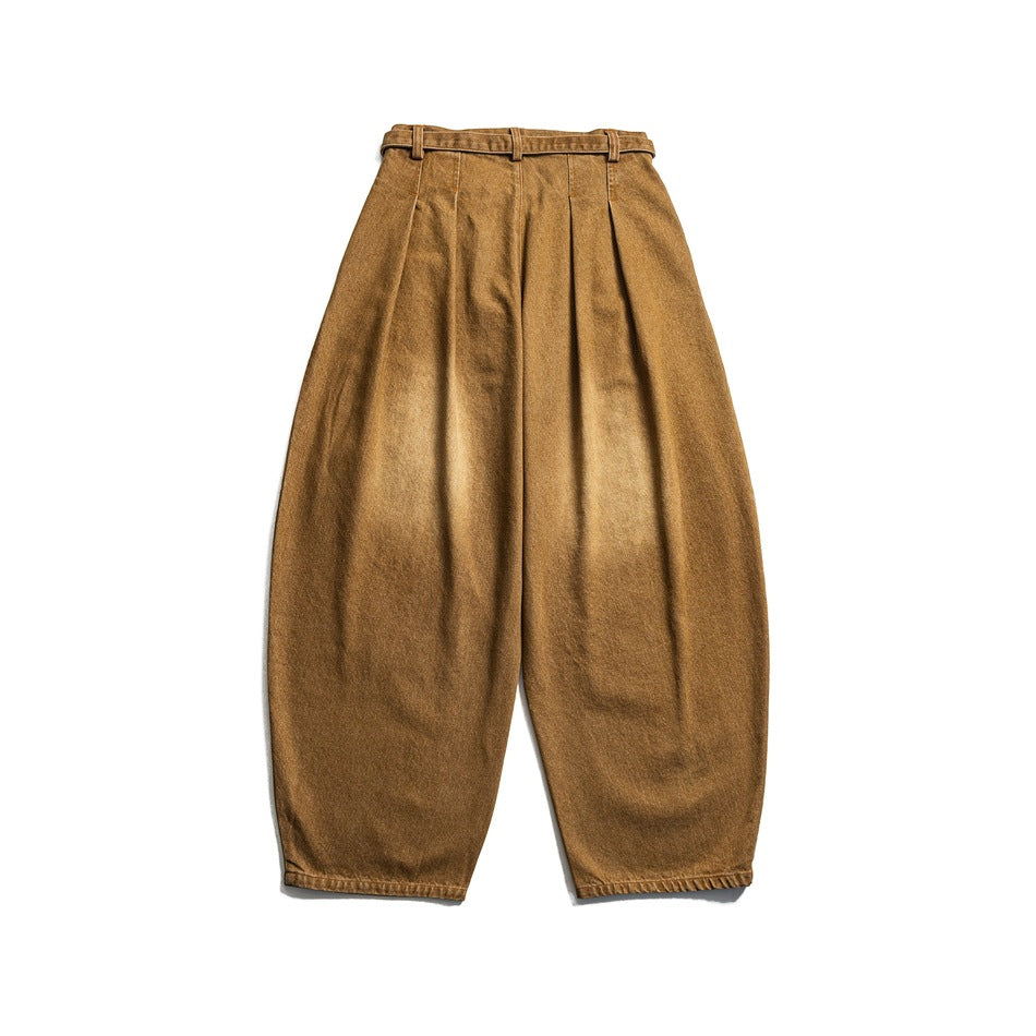 Brown faded wide-leg jeans, flat lay back view with waistband belt loops and pleats