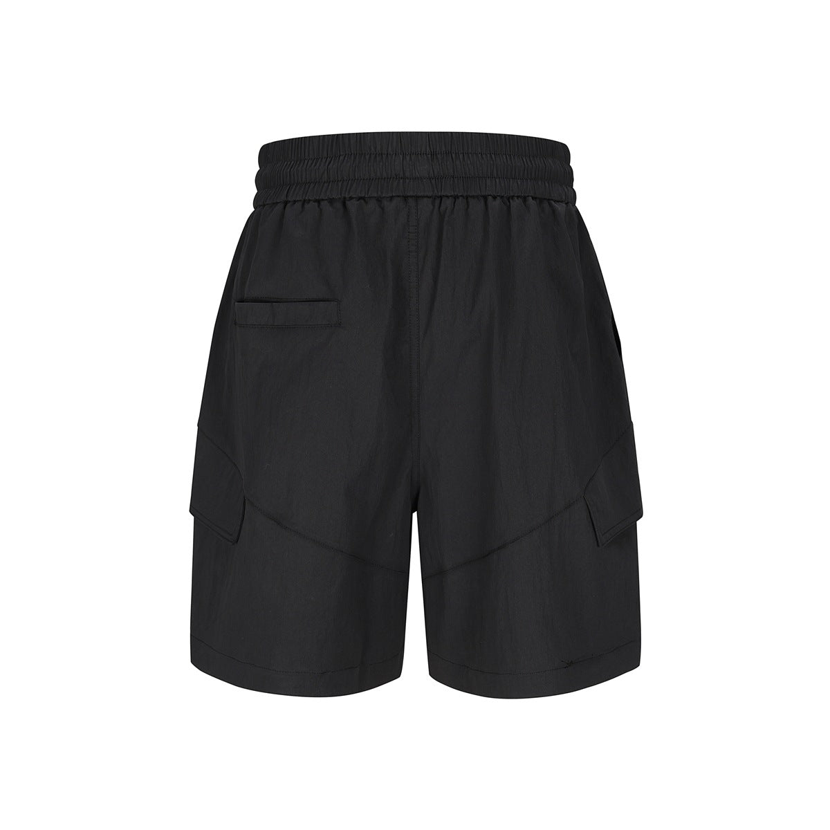 Rear view of black shorts with a gathered elastic waistband, small back pocket, and angled side panels.