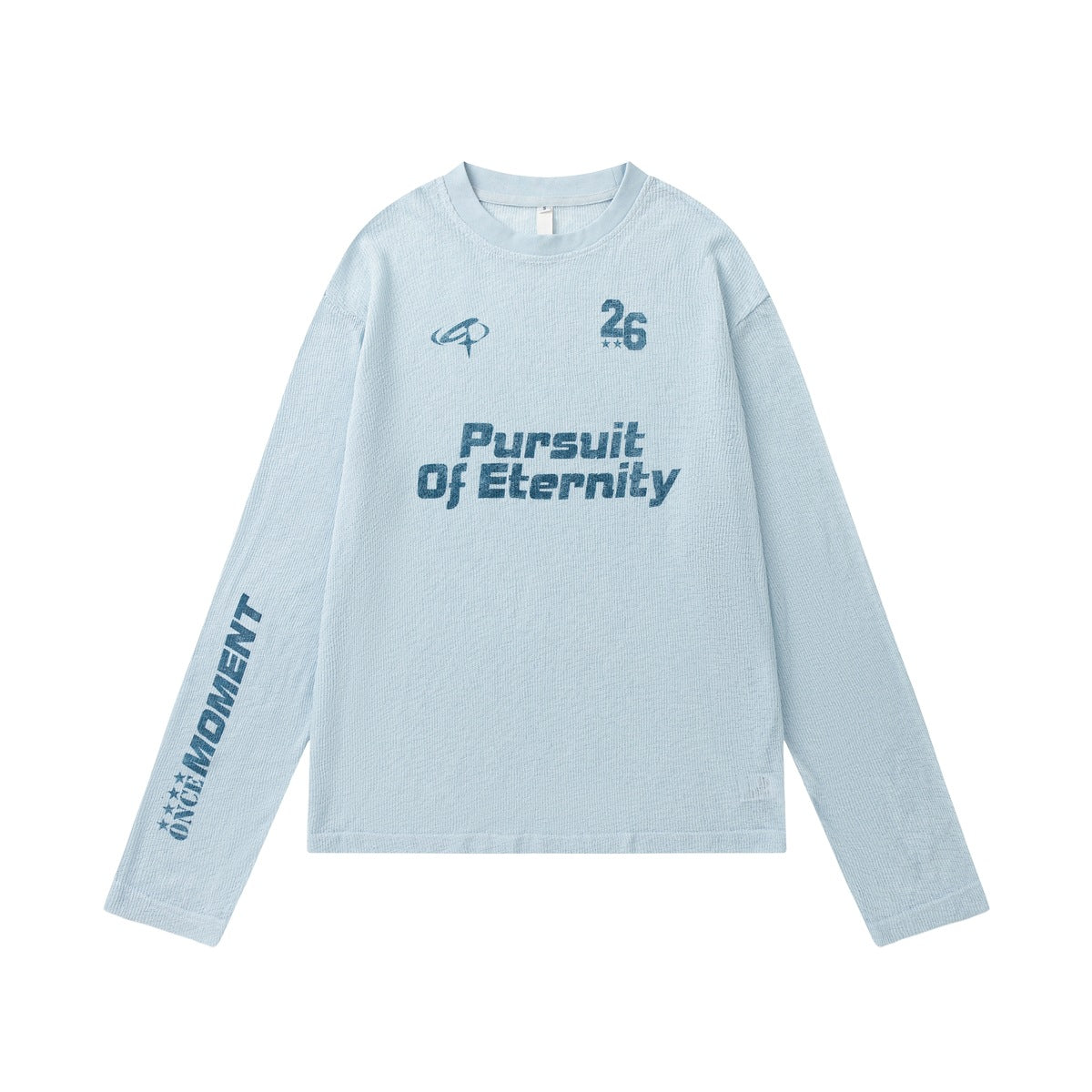 Light blue long-sleeve crew-neck top with blue 'Pursuit Of Eternity' chest print, 26 number and sleeve text, flat lay