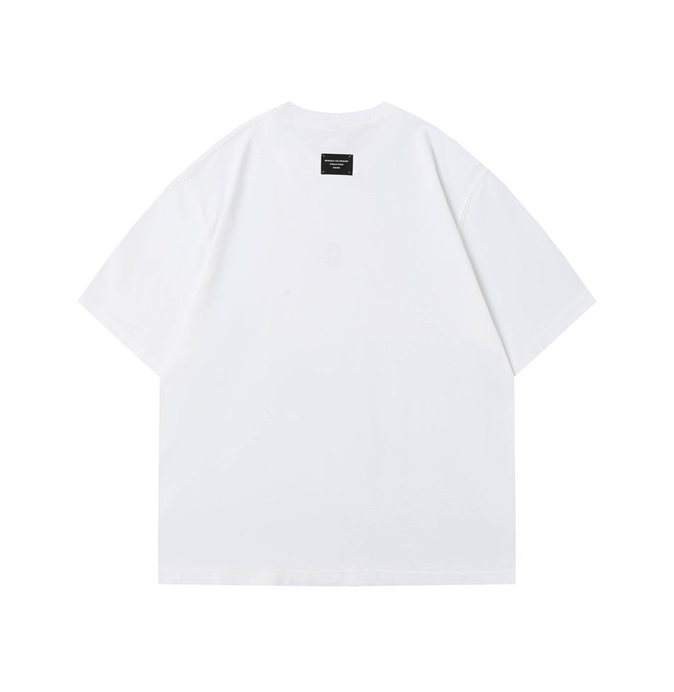 Back view of a white short-sleeve crew-neck T-shirt with a small black neck label.
