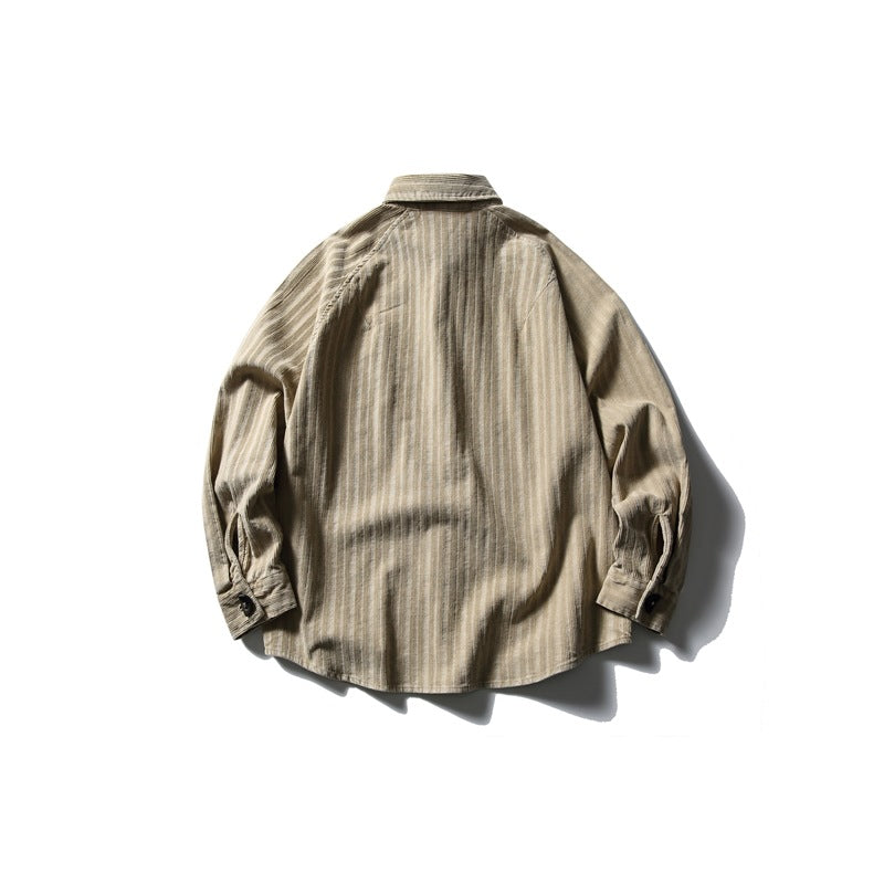 Back view of a beige striped button-up shirt with long sleeves and a pointed collar.