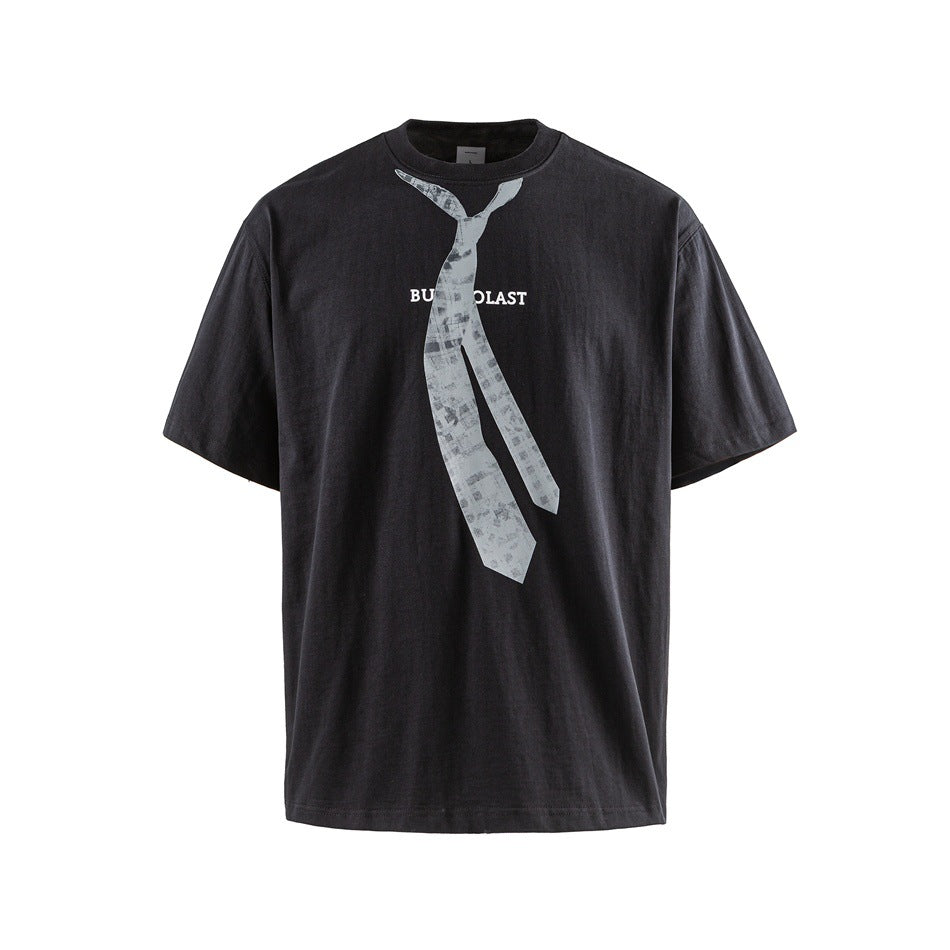 Black short-sleeve crew-neck T-shirt with a gray printed necktie graphic and white text on the front