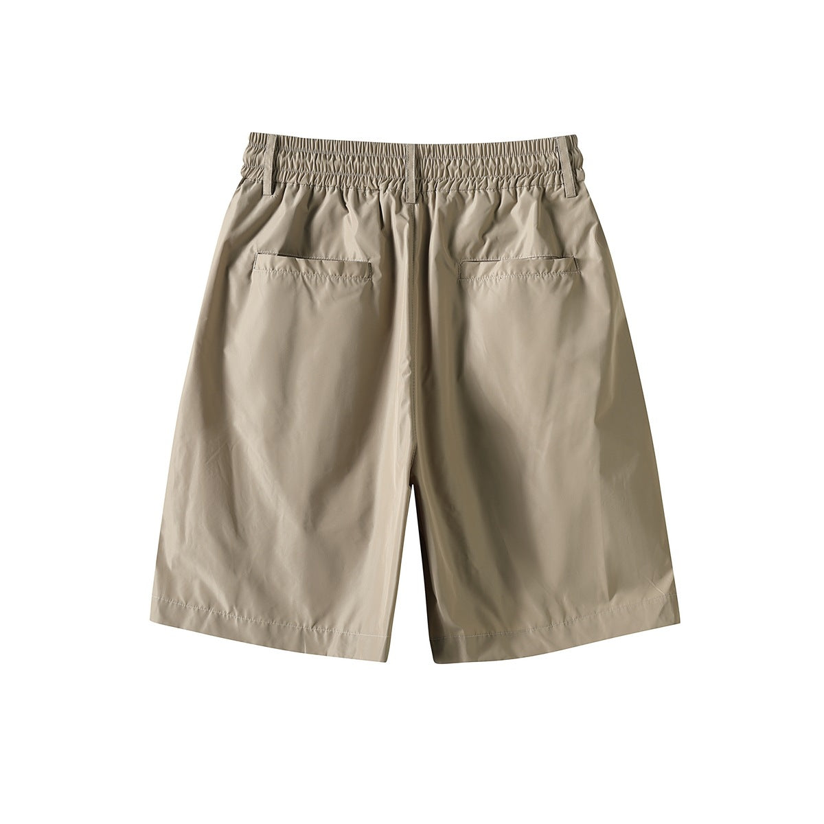 Back view of khaki shorts with elastic waistband and two welt back pockets