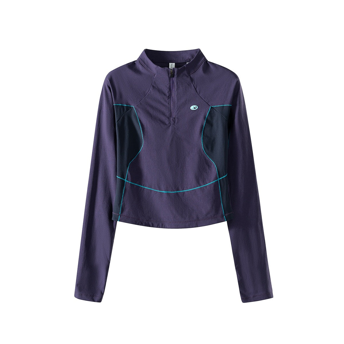 Dark purple cropped half-zip long-sleeve top with navy side panels and teal piping, flat lay