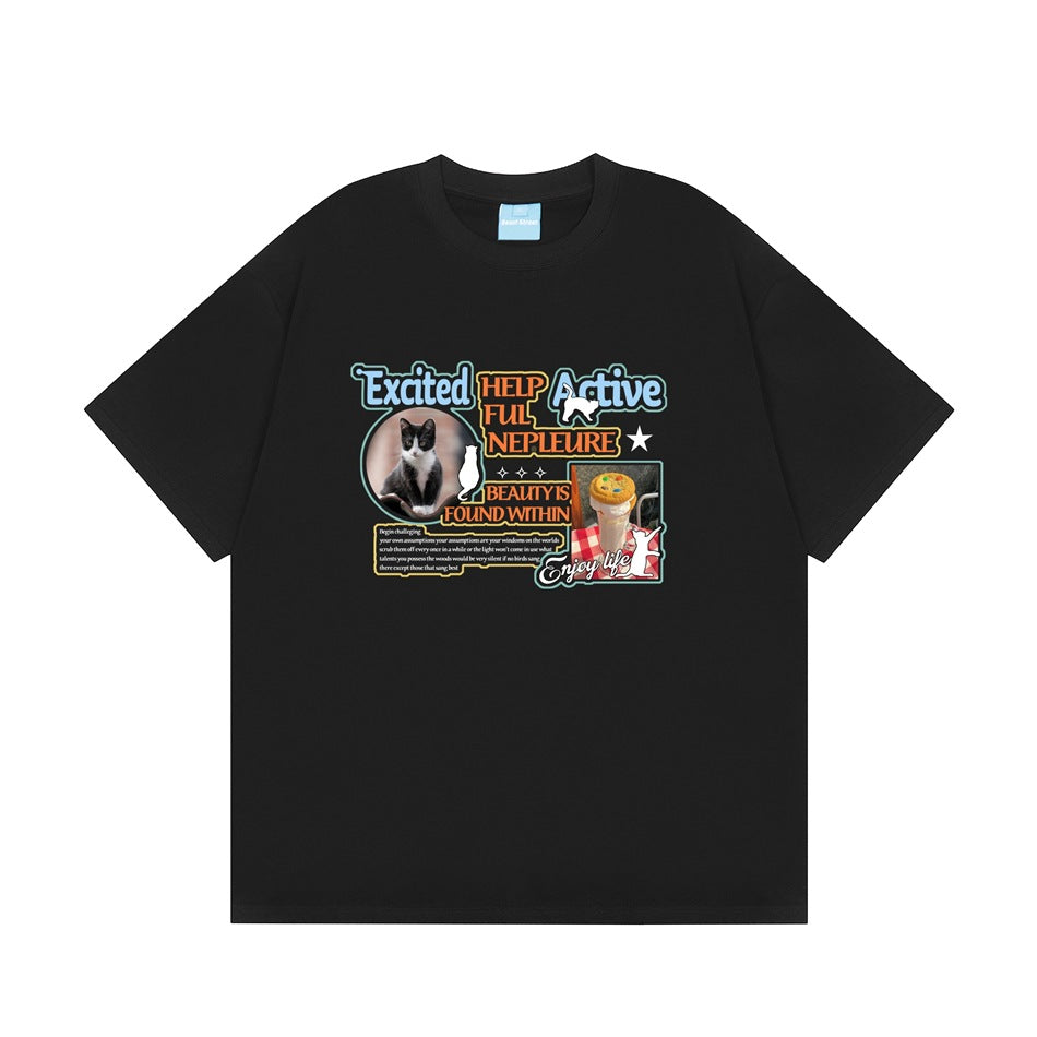 Black short-sleeve crew-neck T-shirt with colorful cat and milkshake photo graphic print on the chest