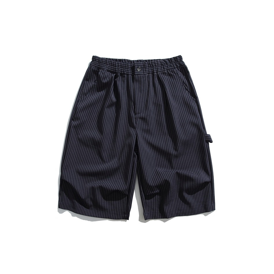 Navy pinstriped knee-length shorts, front flat lay, elastic waistband, button and side loop strap
