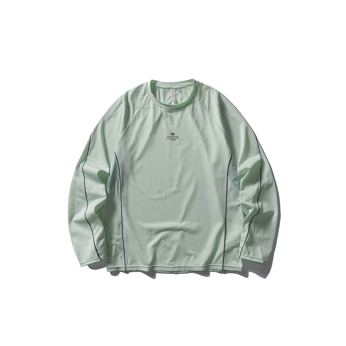 Mint green long-sleeve raglan T-shirt flat lay with dark navy piping and small chest print