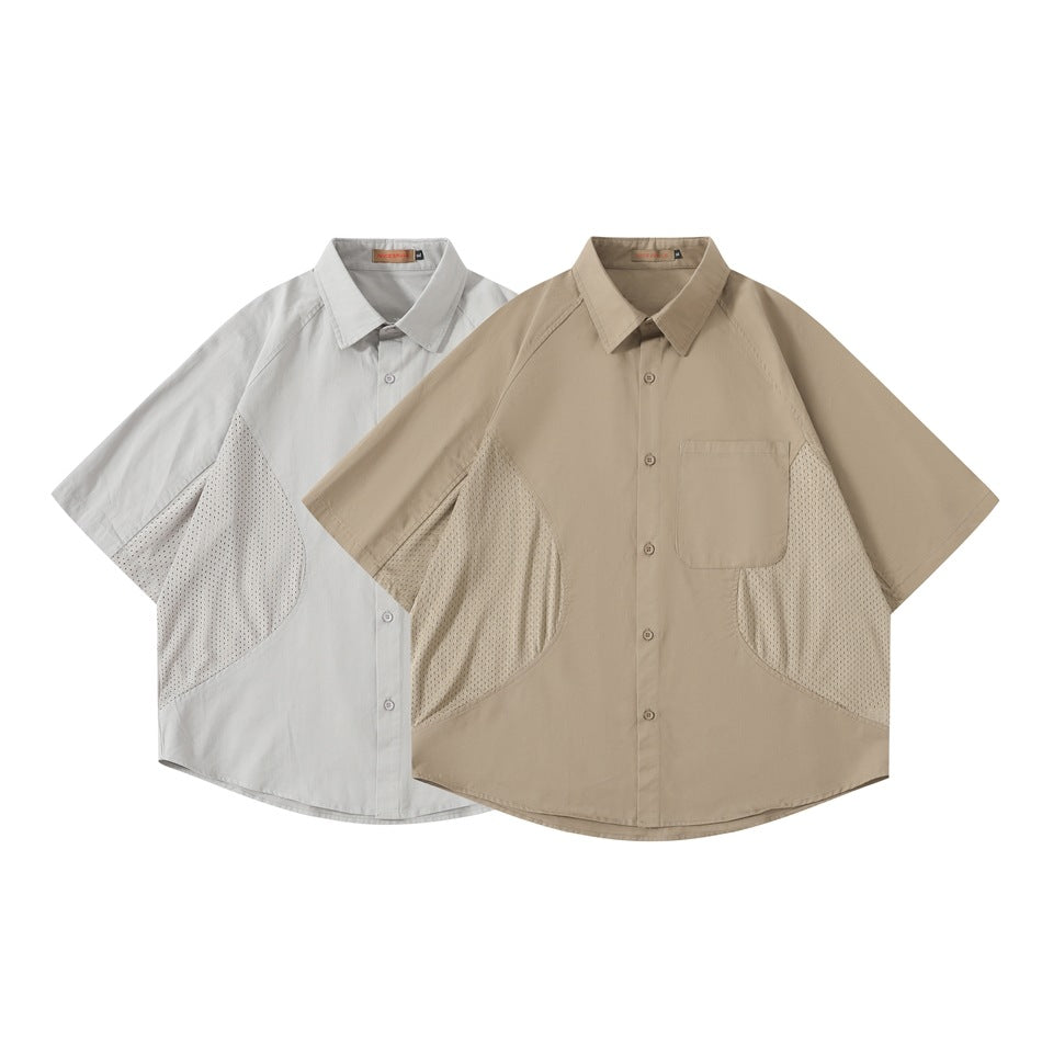 Two short-sleeve button-up shirts shown from the front in light gray and beige, with perforated side panels.