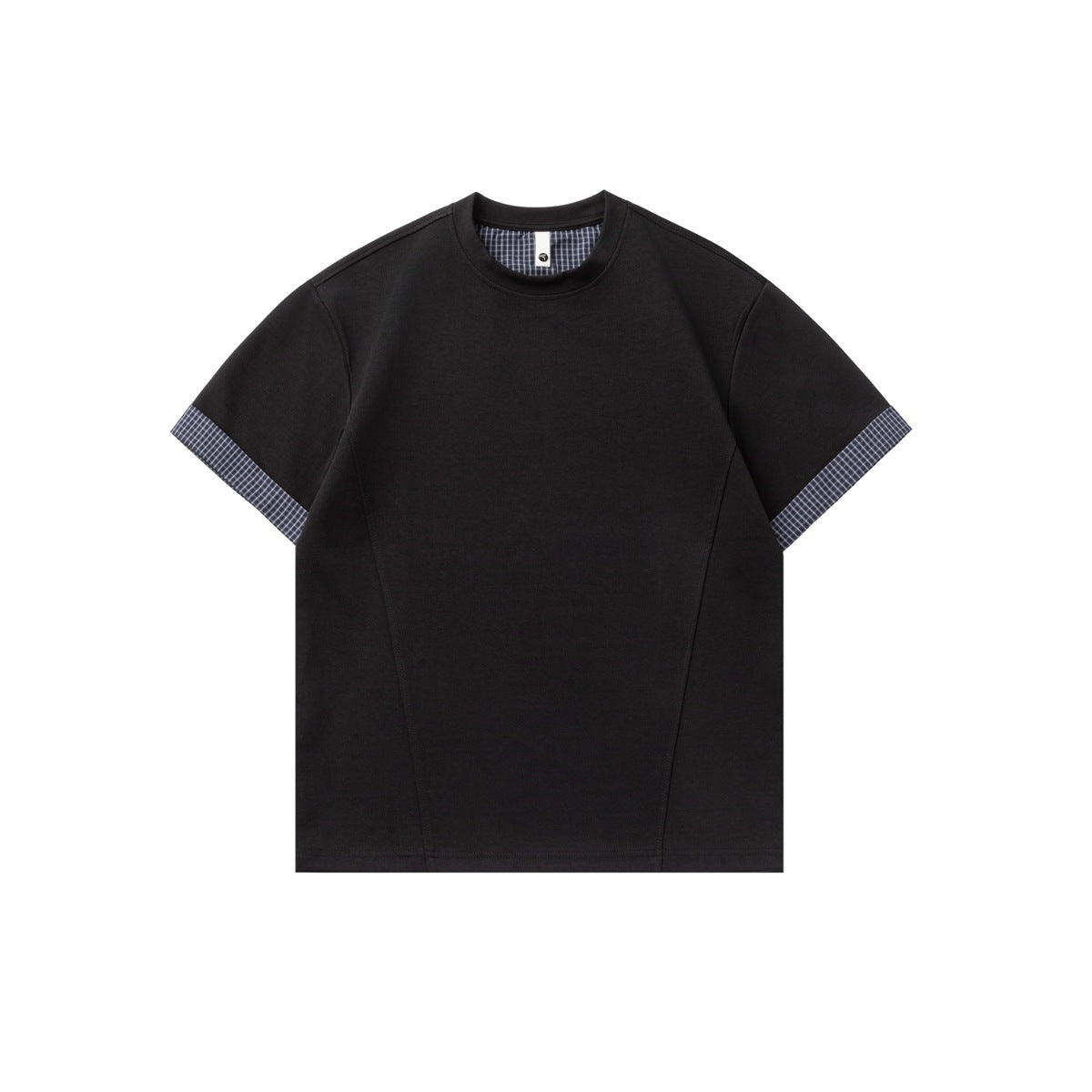 Black short-sleeve crew-neck T-shirt with navy micro-check inner neck and sleeve cuff trim, flat front view