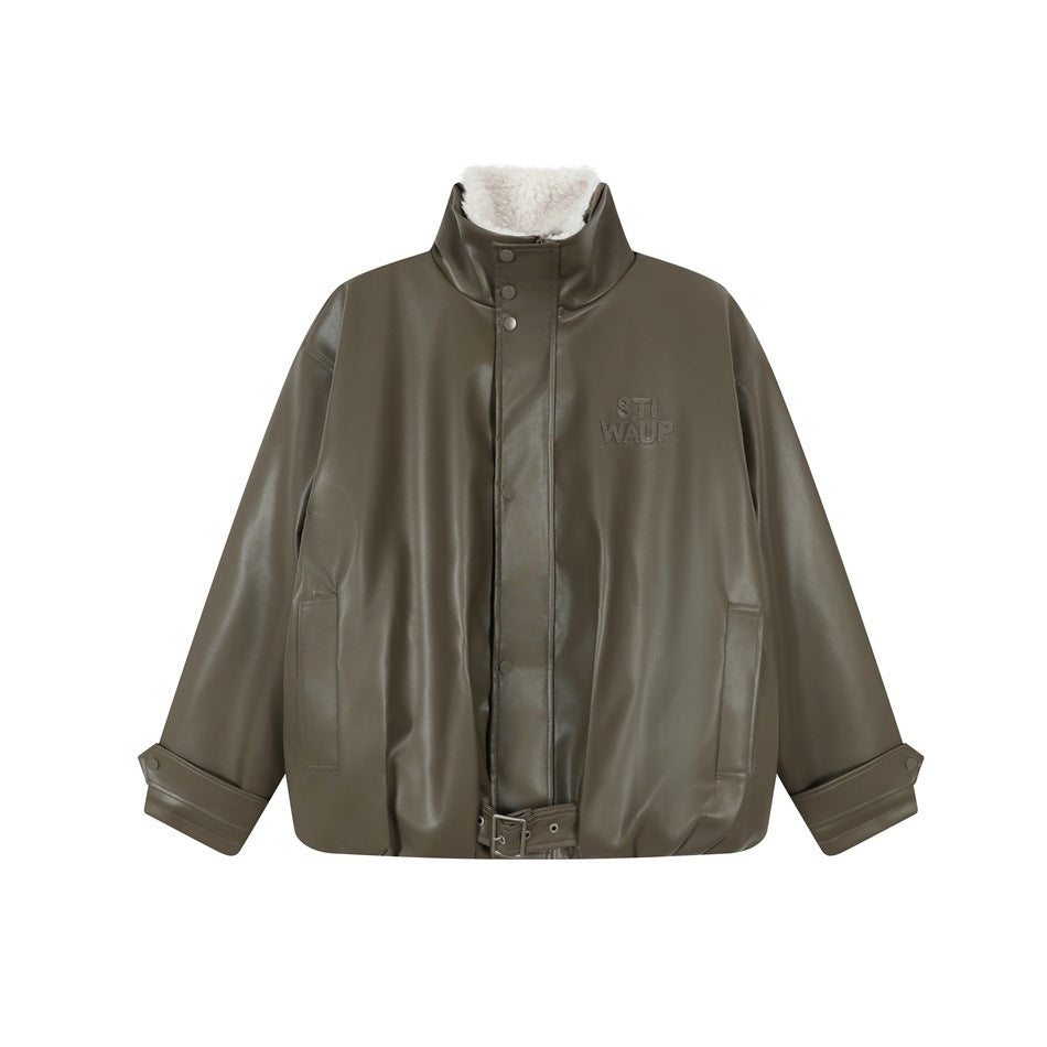 Dark green faux-leather-look jacket with cream fleece-like collar, snap front, hem belt and snap-tab cuffs