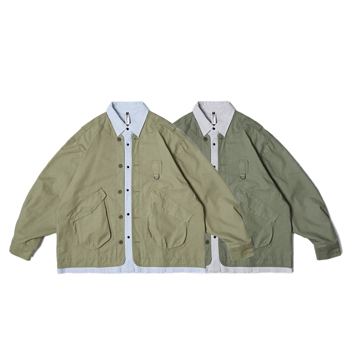 Two front views of utility jackets in different olive shades, with striped collars and plackets and large front pockets.