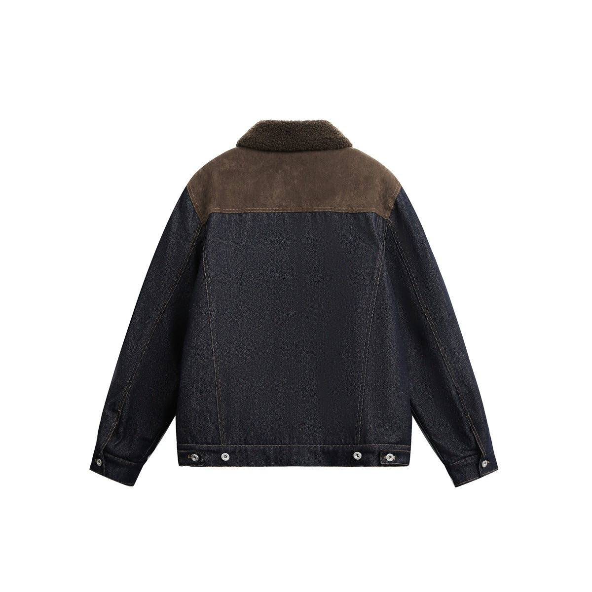 Back view of a dark indigo denim jacket with a brown shoulder yoke and fleece collar, displayed against white.