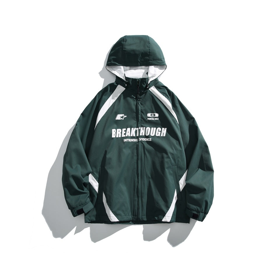 Green hooded zip jacket with white color-block panels and BREAKTHOUGH chest print, flat lay