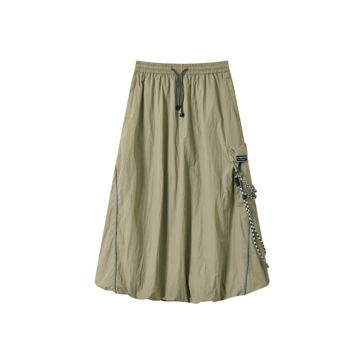 Army green long skirt with drawstring elastic waist, side cargo pocket, checkered cord and bubble hem, flat lay