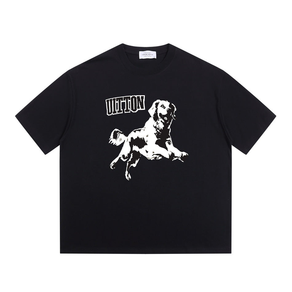 Black short-sleeve crew-neck T-shirt with white and gray leaping dog graphic and lettering on the chest