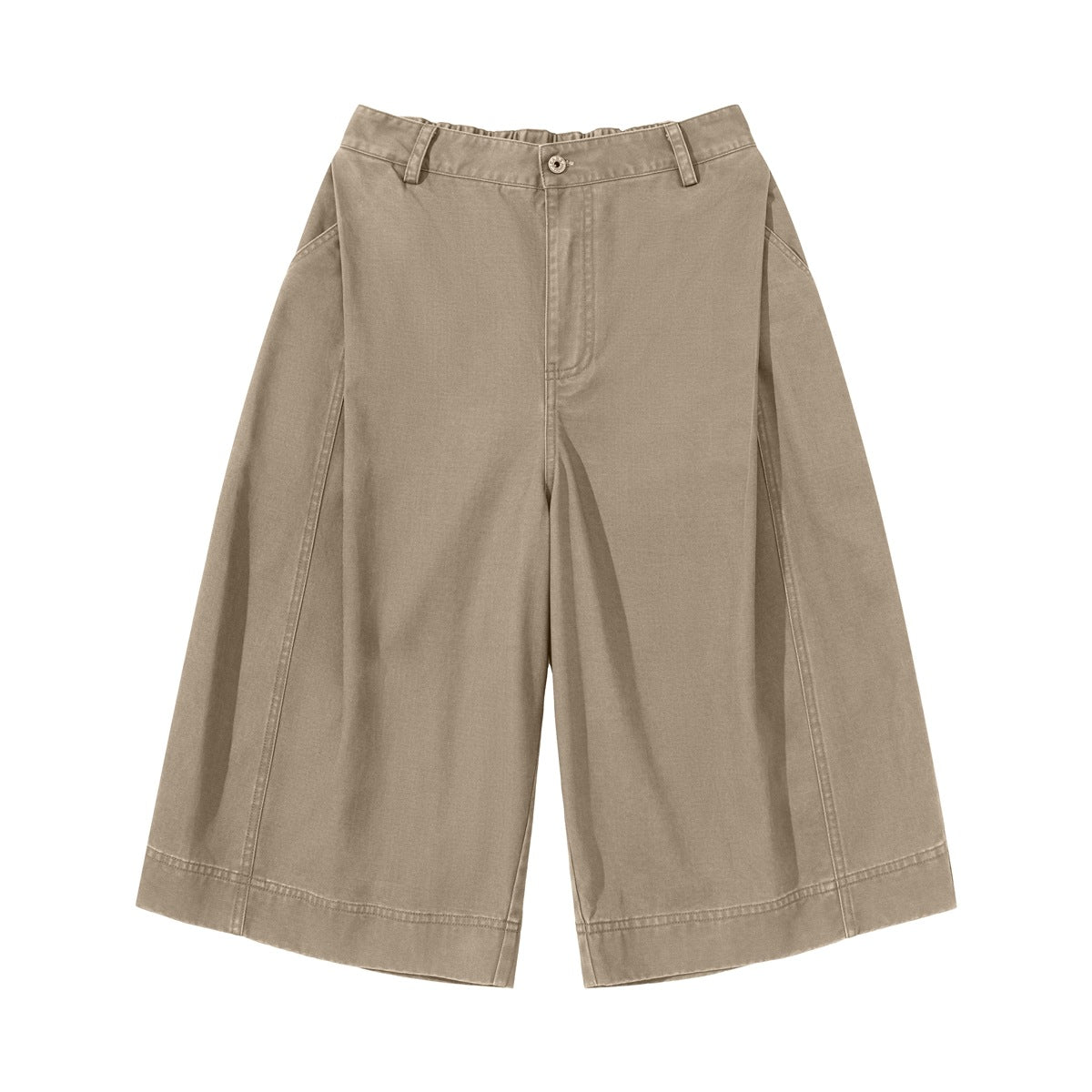 Front view of khaki wide-leg knee-length shorts with button and zip fly, belt loops and side pockets