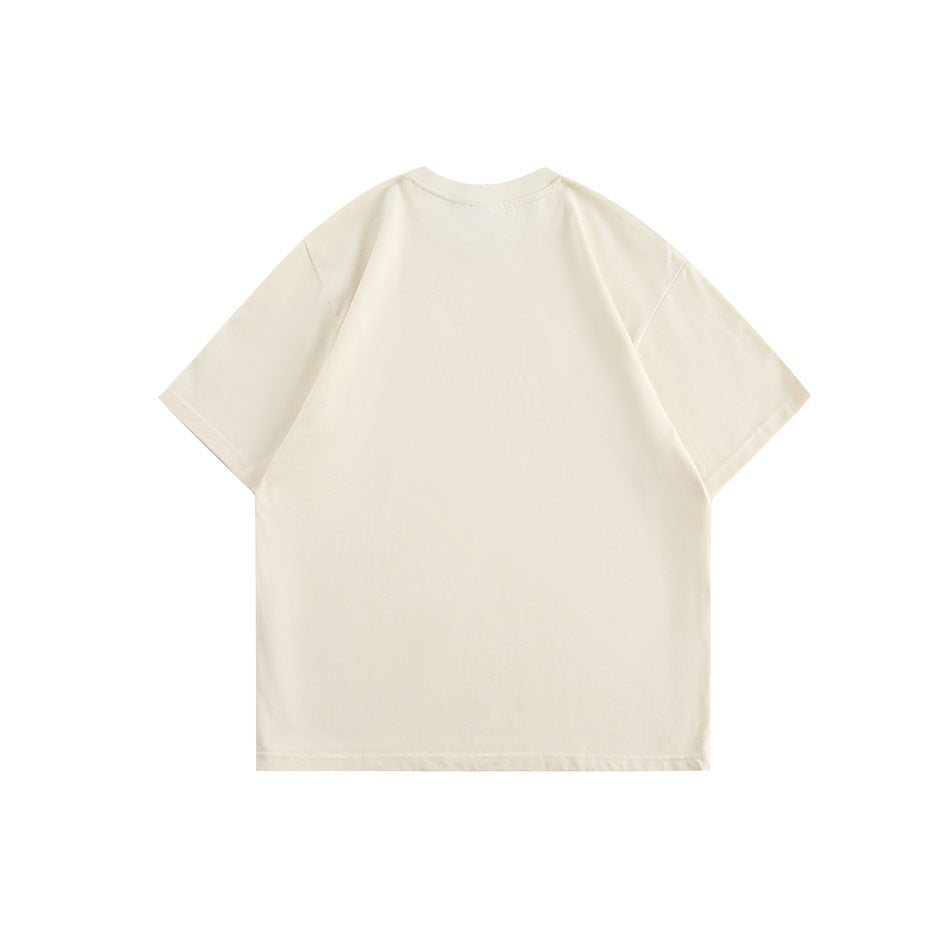 Back view of a plain apricot cream short-sleeve crewneck T-shirt with dropped shoulders