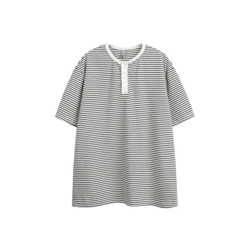 Front view of a white short-sleeve henley with fine dark horizontal stripes and a white button placket.