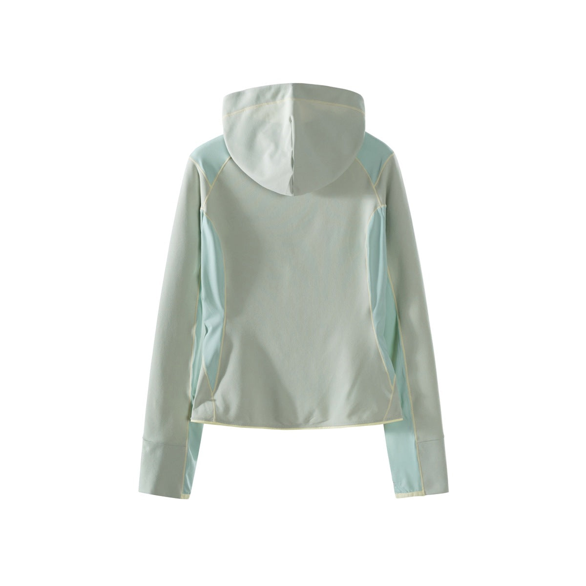 Back view of a pale mint hooded top with aqua side panels and light contrast piping, shown flat against white.
