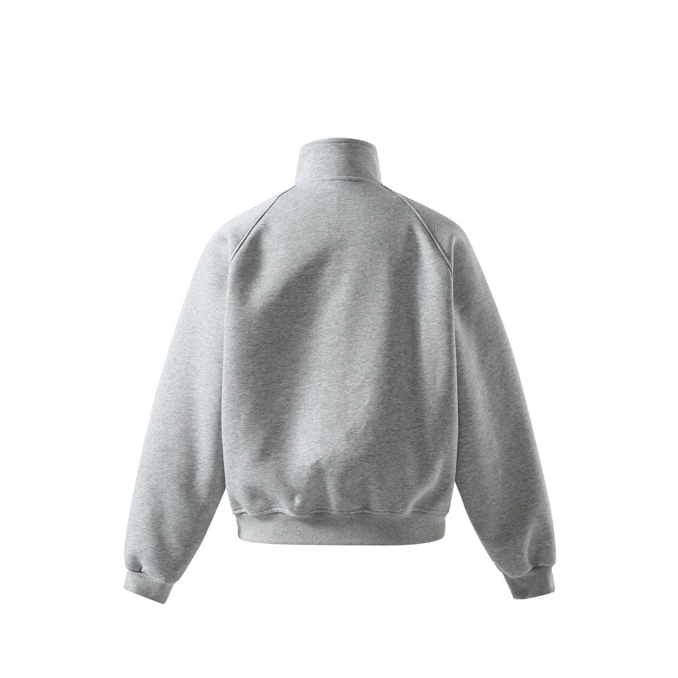 Heather gray stand-collar jacket back view with raglan sleeves and ribbed hem and cuffs