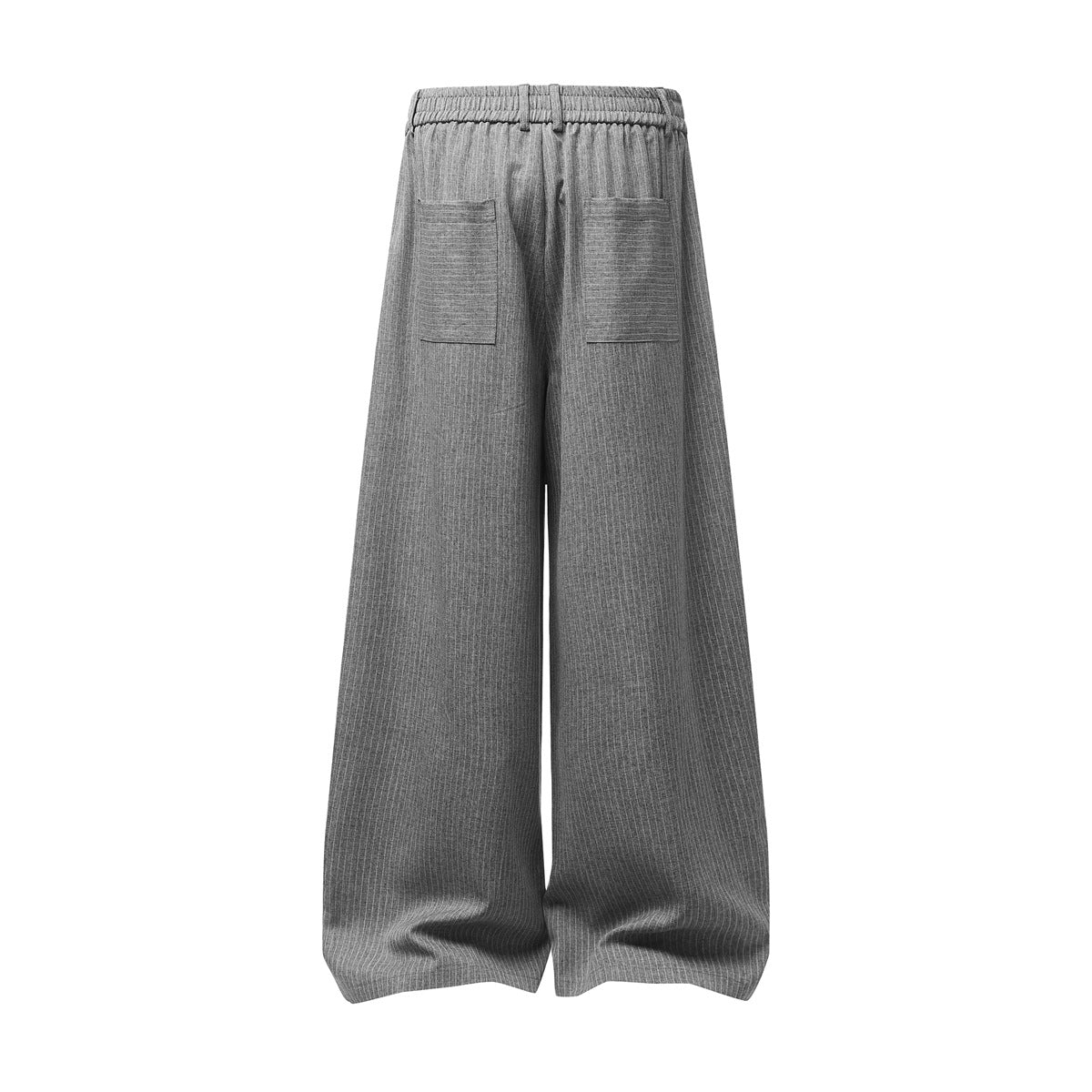 Back view of gray pinstriped wide-leg trousers with elastic waistband, belt loops and two patch pockets