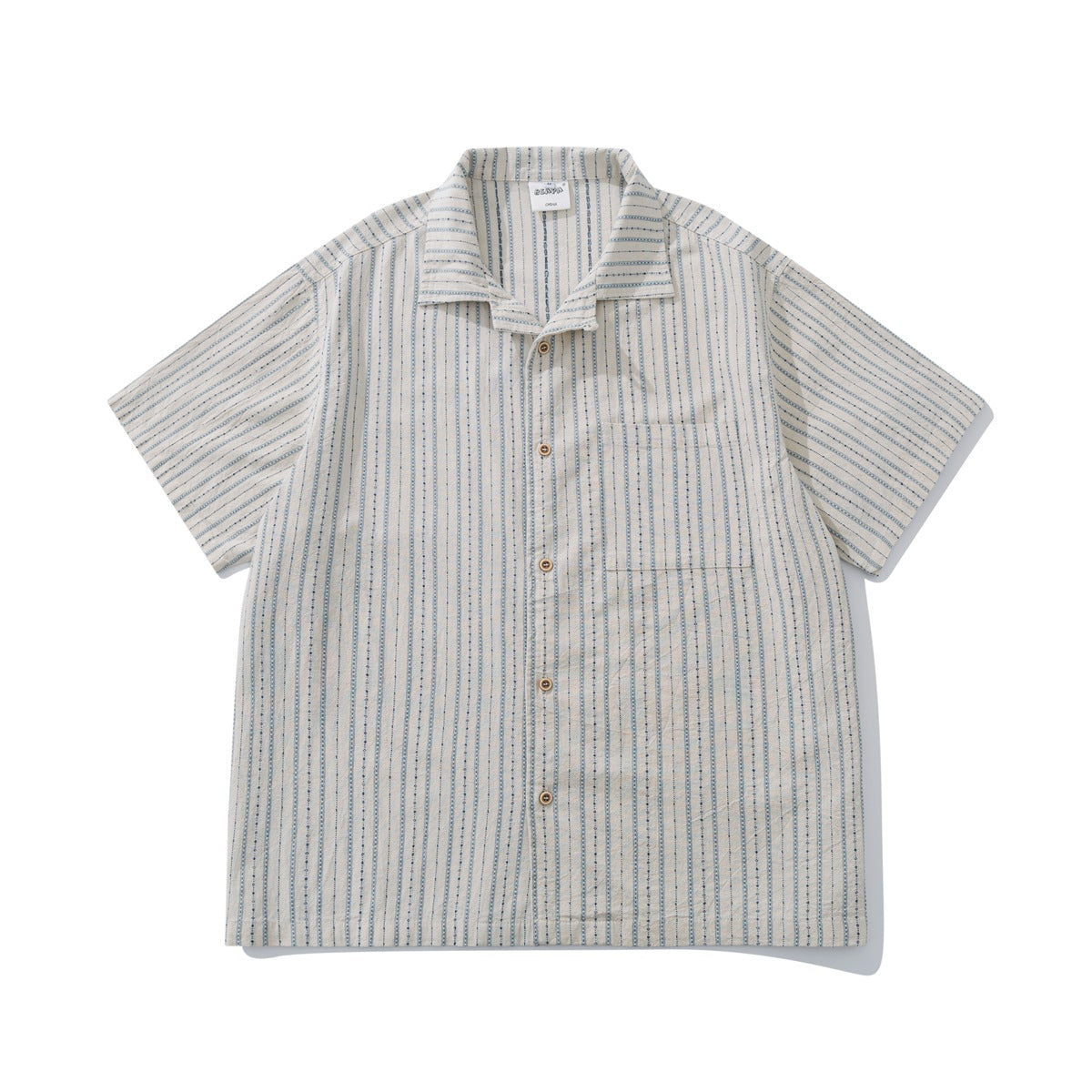 Off-white short-sleeve camp collar shirt with blue vertical stripes and chest pocket, flat lay