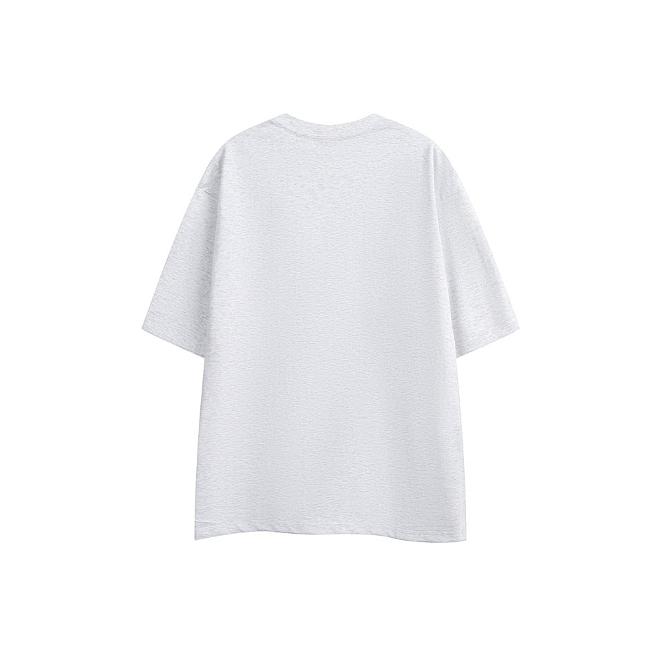 Back of a plain light heather-gray short-sleeve T-shirt.