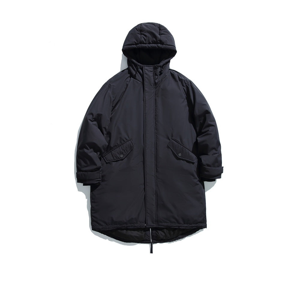 Black long hooded jacket, front view with zip placket, snap flap pockets, tabbed cuffs and curved hem