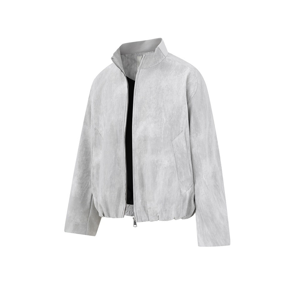 Front view of a light gray mottled zip-front jacket with a stand collar and slanted pockets.