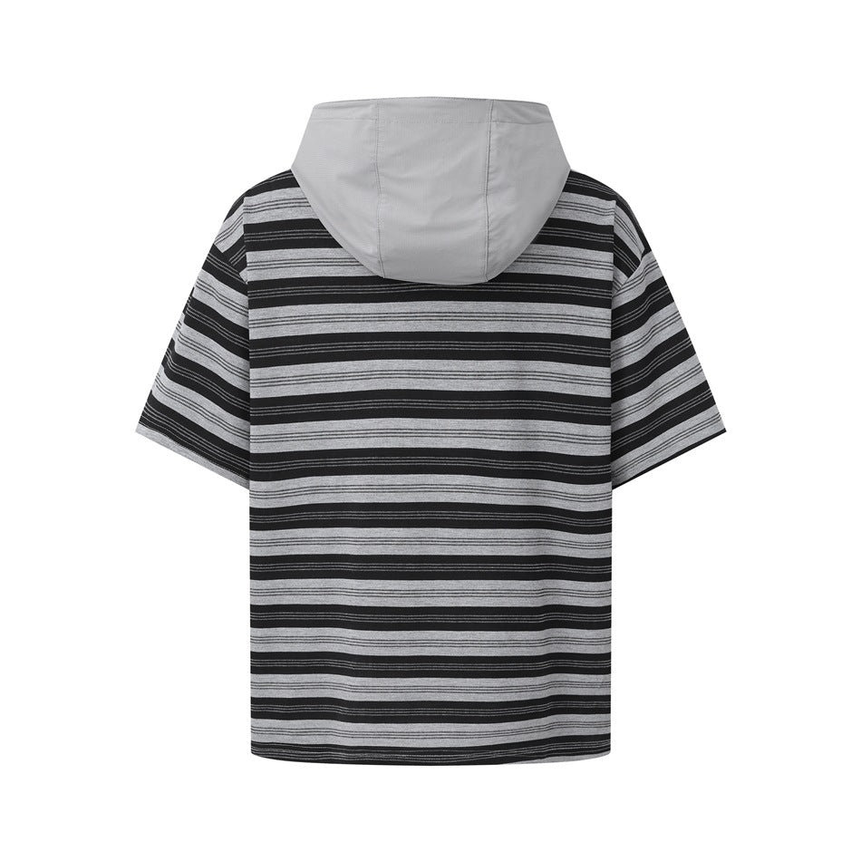 Back view of a black and gray striped short-sleeve top with a light gray hood.