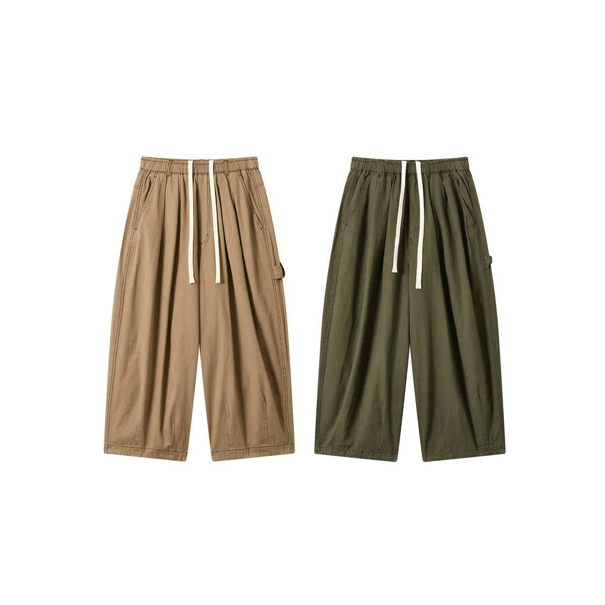 Two pairs of wide-leg pants shown from the front in tan and dark olive, both with elastic waists and white drawstrings.