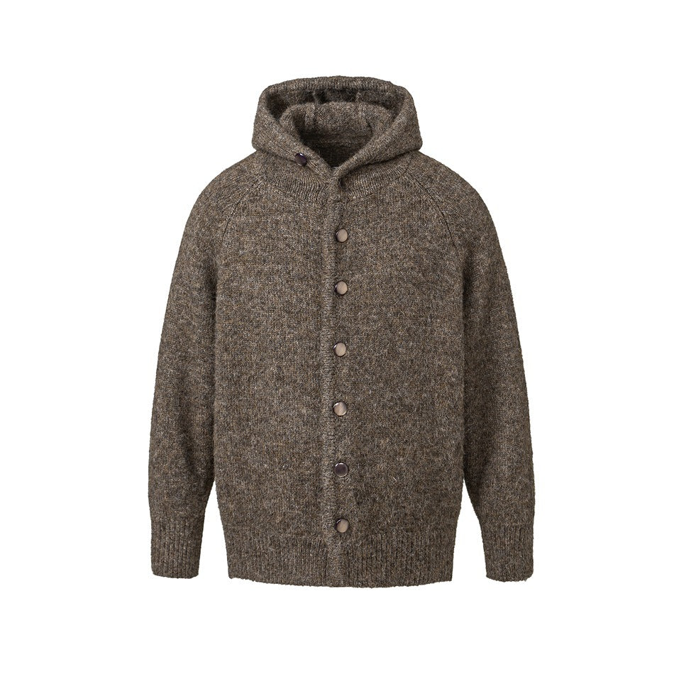 Coffee brown heathered knit hooded cardigan with front buttons and ribbed hem, shown flat from the front