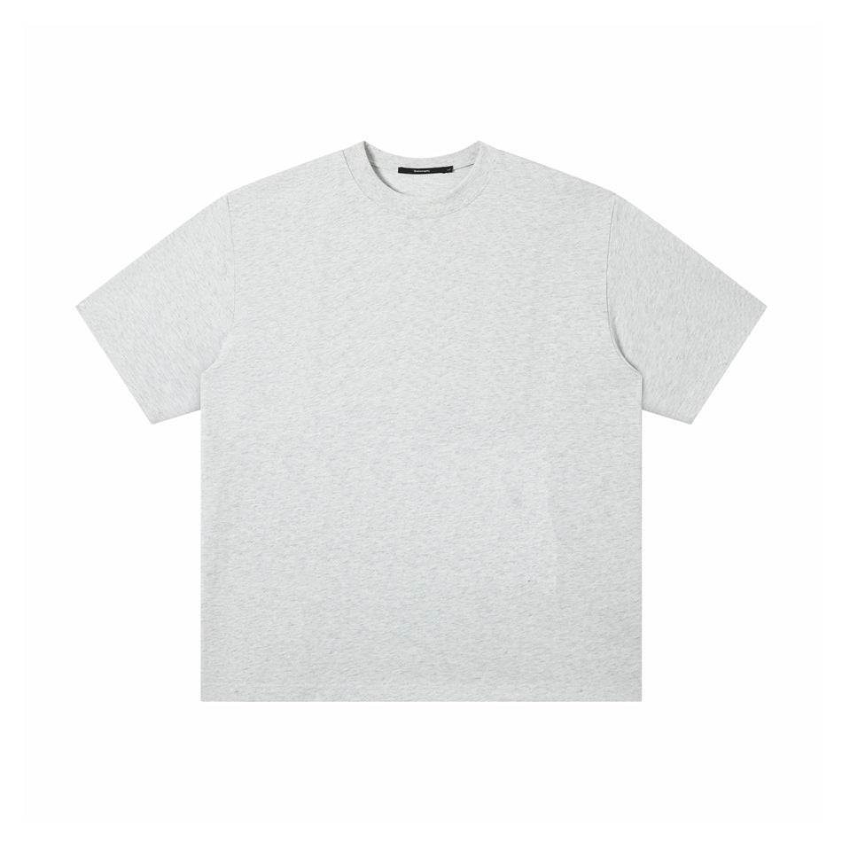 Front view of a plain heather gray crew-neck T-shirt with short sleeves.
