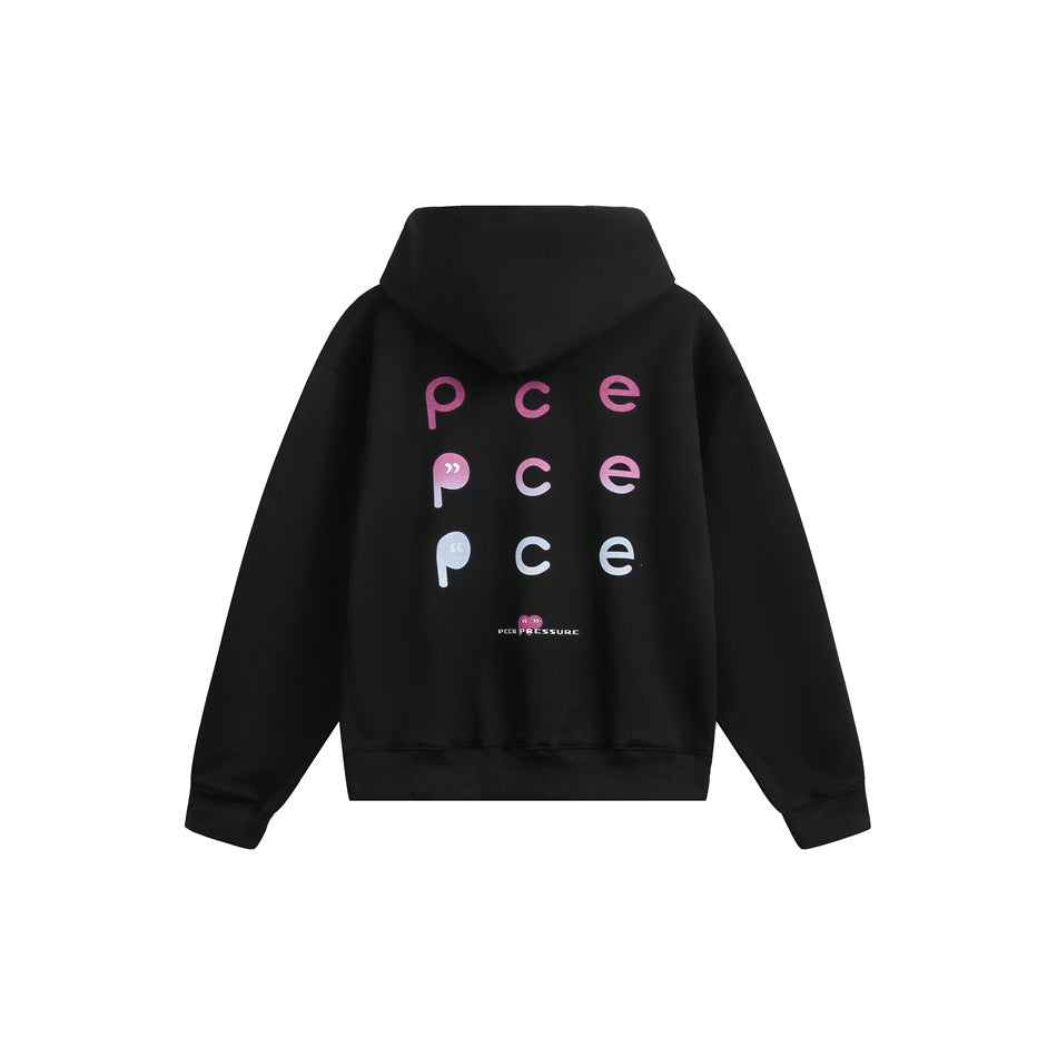 Back view of a black hooded sweatshirt with a gradient pink-to-pale-blue lowercase letter print and ribbed cuffs and hem