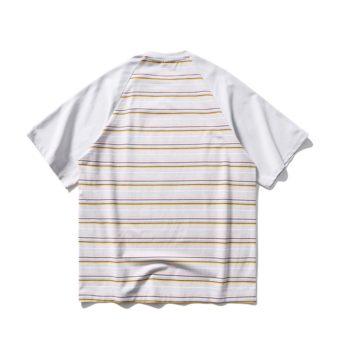 Back view of light gray striped raglan short-sleeve T-shirt with yellow, pink, blue and brown stripes, flat lay