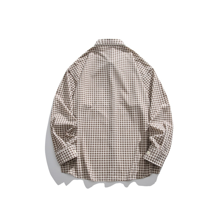 Back view of a brown-and-cream gingham button-up shirt with a collar, long sleeves and button cuffs.