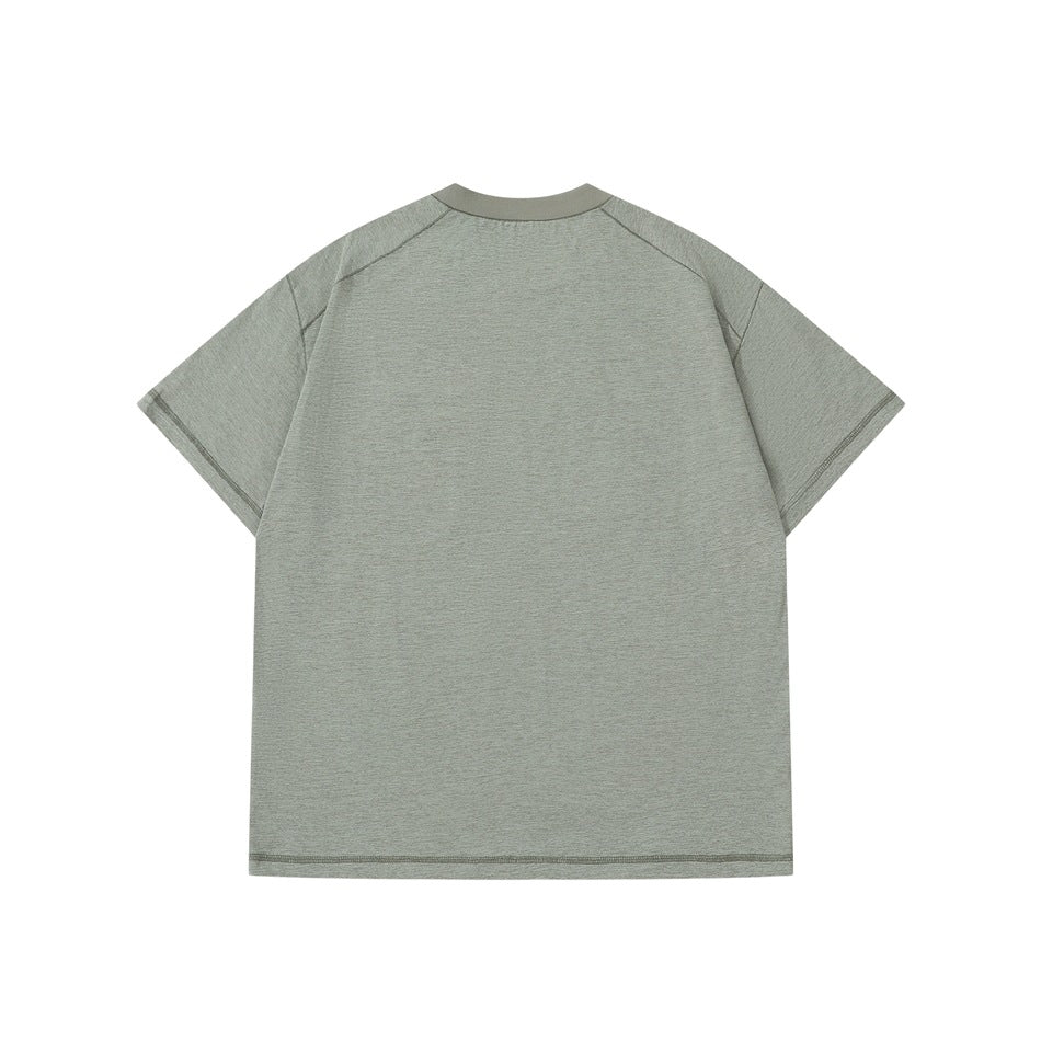 Back view of a plain heathered sage-gray short-sleeve T-shirt with raglan seams.